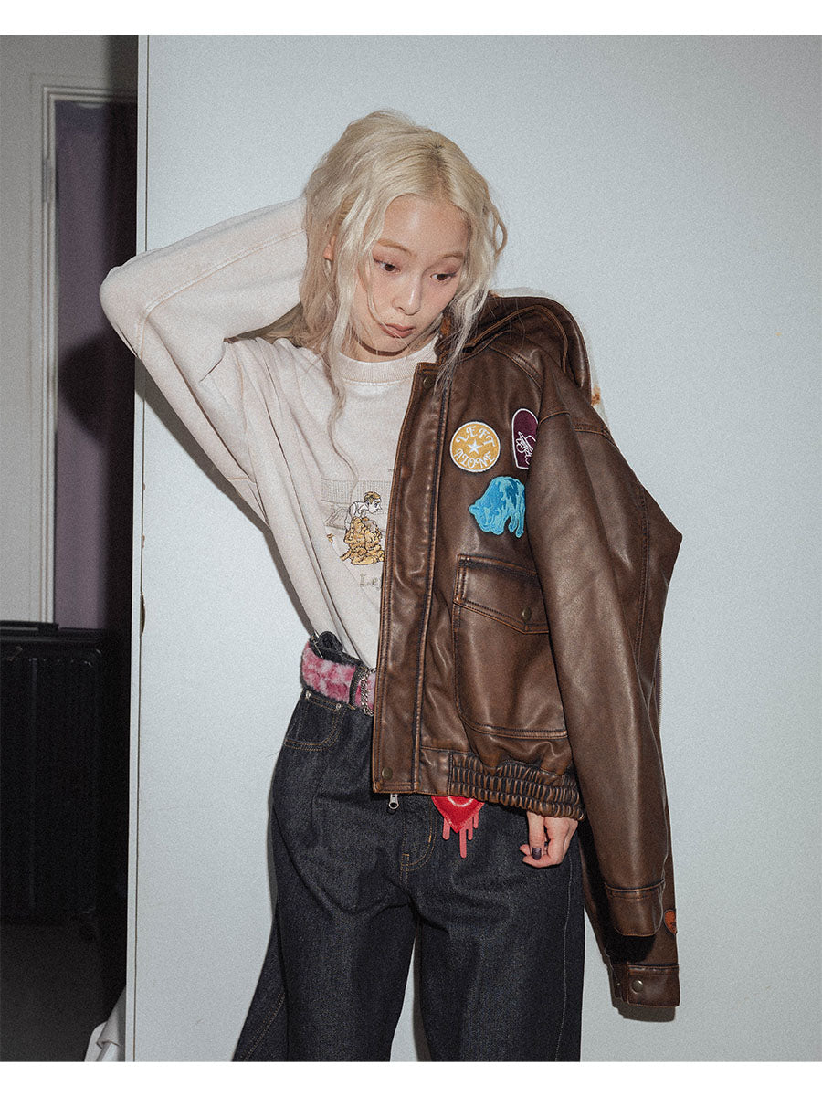 FAKE LEATHER JKT -BROWN-