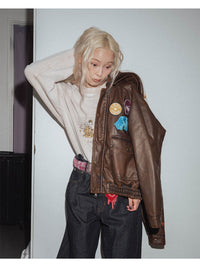 FAKE LEATHER JKT -BROWN-